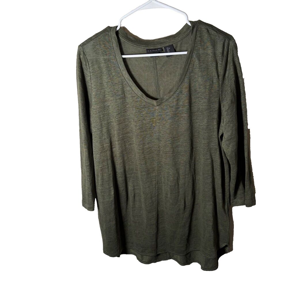 Tahari T-Shirt Women's Large Green 3/4 Sleeve Round Neck 100% Linen Top Shirt
